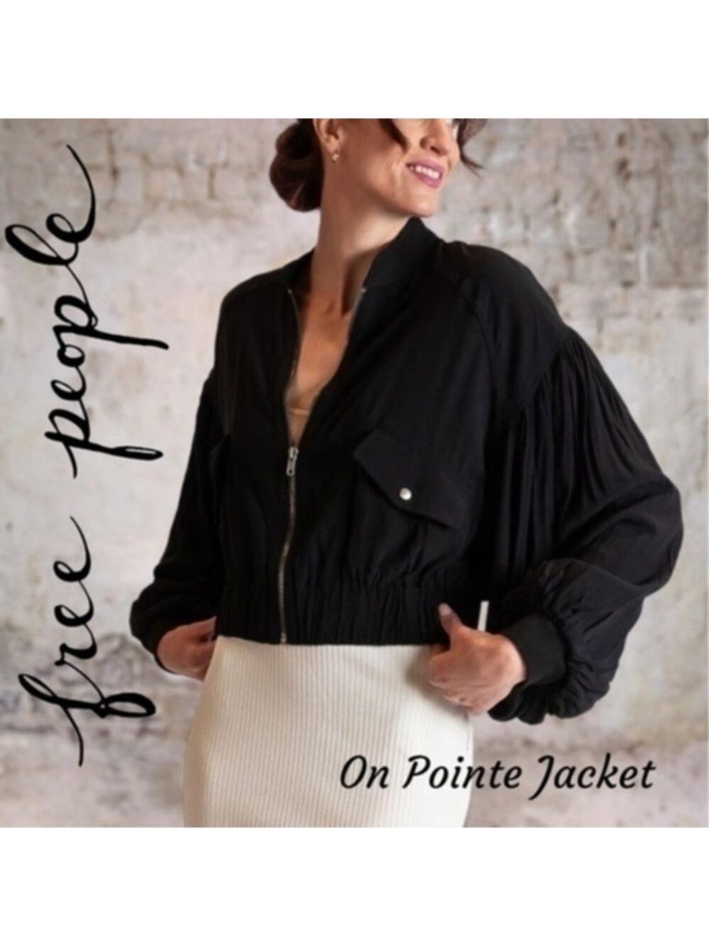 FREE PEOPLE On Pointe Black Zip Up Balloon Sleeve Viscose Bomber Jacket NWT/MD